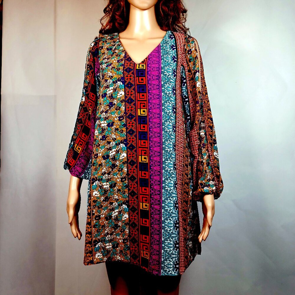 Vtg Boho Tunic Tent Dress Sz Small Mini Multi-Colored Long Sleeve Black Liner